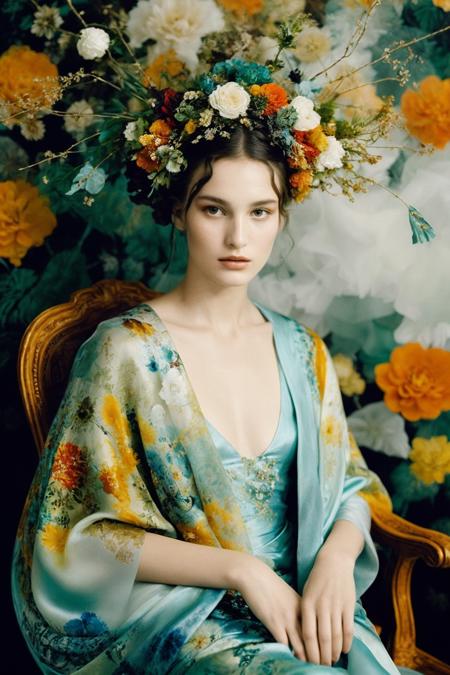 01911-4037298987-1740-a woman sitting in a chair with a flower in her hair, style of paolo roversi, kaleidoscopic colors, model, wearing a luxurious s.png